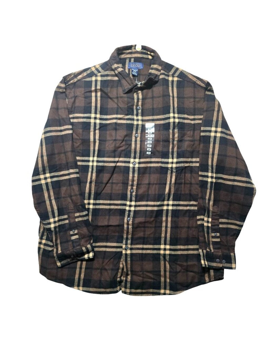 Izod‎ Mens 3XL Plaid Button-Up Long Sleeve Shirt Brown Beige Cotton Flannel
